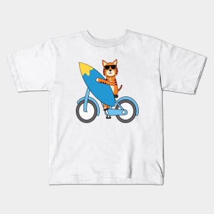 Surfer wild tiger cycling to the beach with surfboard Kids T-Shirt